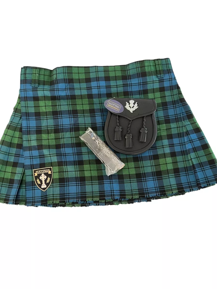 Kilt And Sporran Green Blue Tartan Plaid 42 waist X 19 Length USA Kilts Large