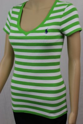Ladies Ralph Lauren Sport Green and White Striped Navy Pony V-Neck~NWT~