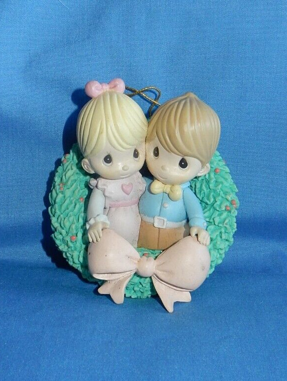 Vintage Precious Moments Boy Girl Couple Together in Wreath Christmas Ornament