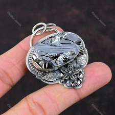Shungite Rough Gemstone Pendant 925 Sterling Silver Flower Handmade Boho Jewelry