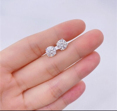 Certified 4 Ct Round Cut FL/D Mossanite Solitaire Stud Earrings 14K White Gold