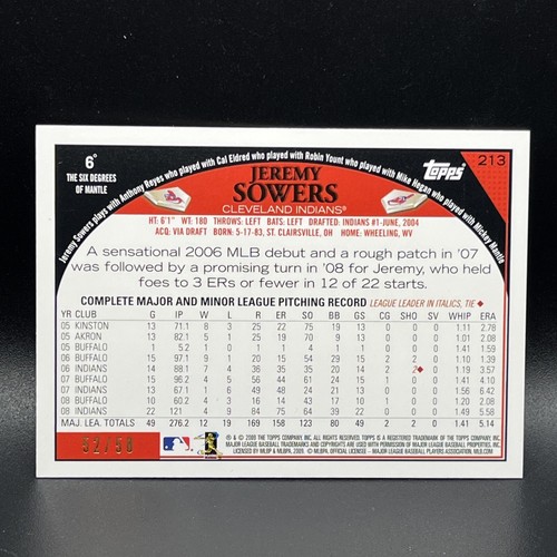 Jeremy Sowers 2009 Topps Black #213 52/58 Cleveland Indians - Picture 2 of 2