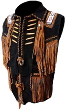 Men Vintage Western Suede Leather Vest Native American Beaded Fringe Cowboy Vest