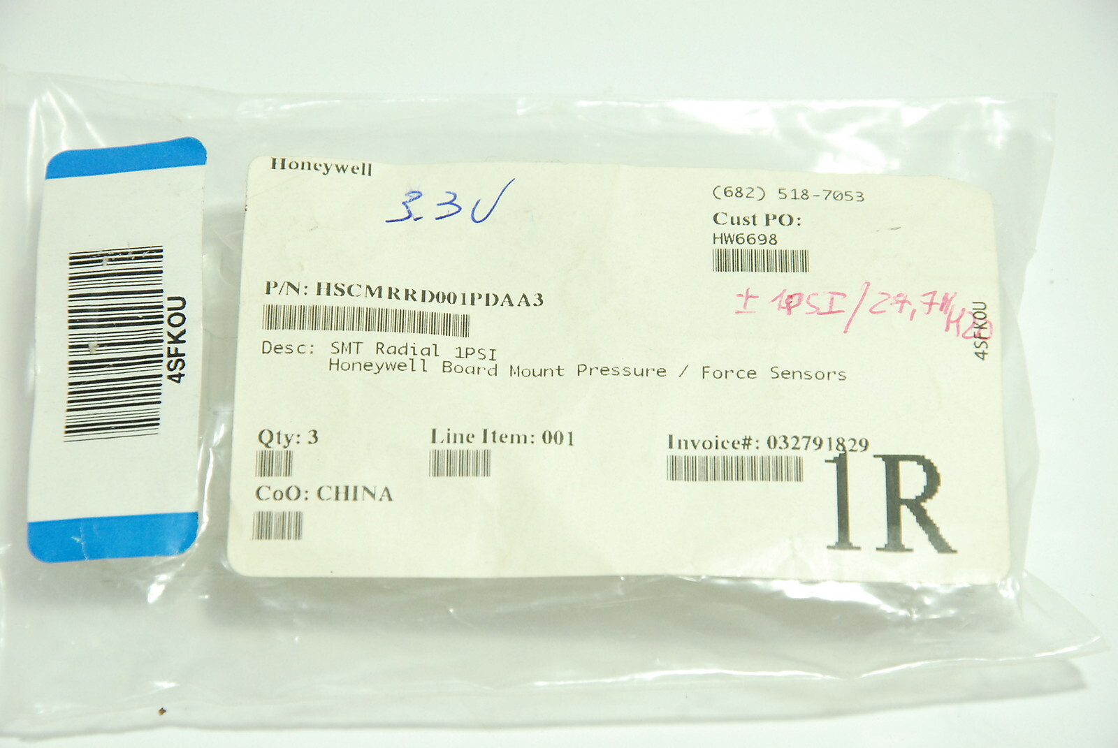 Honeywell HSCMRRD001PDAA3 Board Mount Pressure Sensors SMT Dual Rad