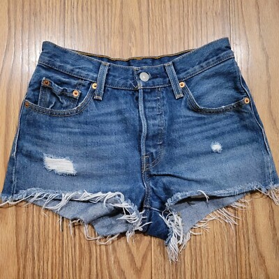 Levi's Women's 501 Shorts Cut Offs Jean Mid High Rise Denim Dark 0 Distressed 24