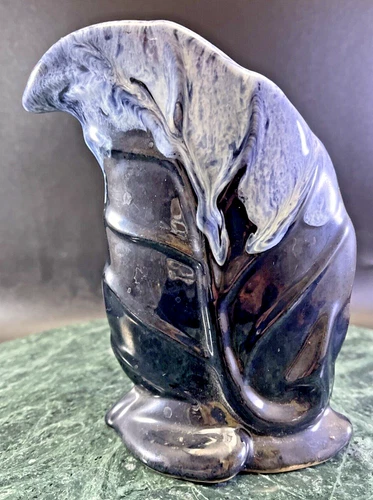 MCM 1960s Anna Van Briggle White Lava Drip on Blue Leaf Vase Colorado Springs CO