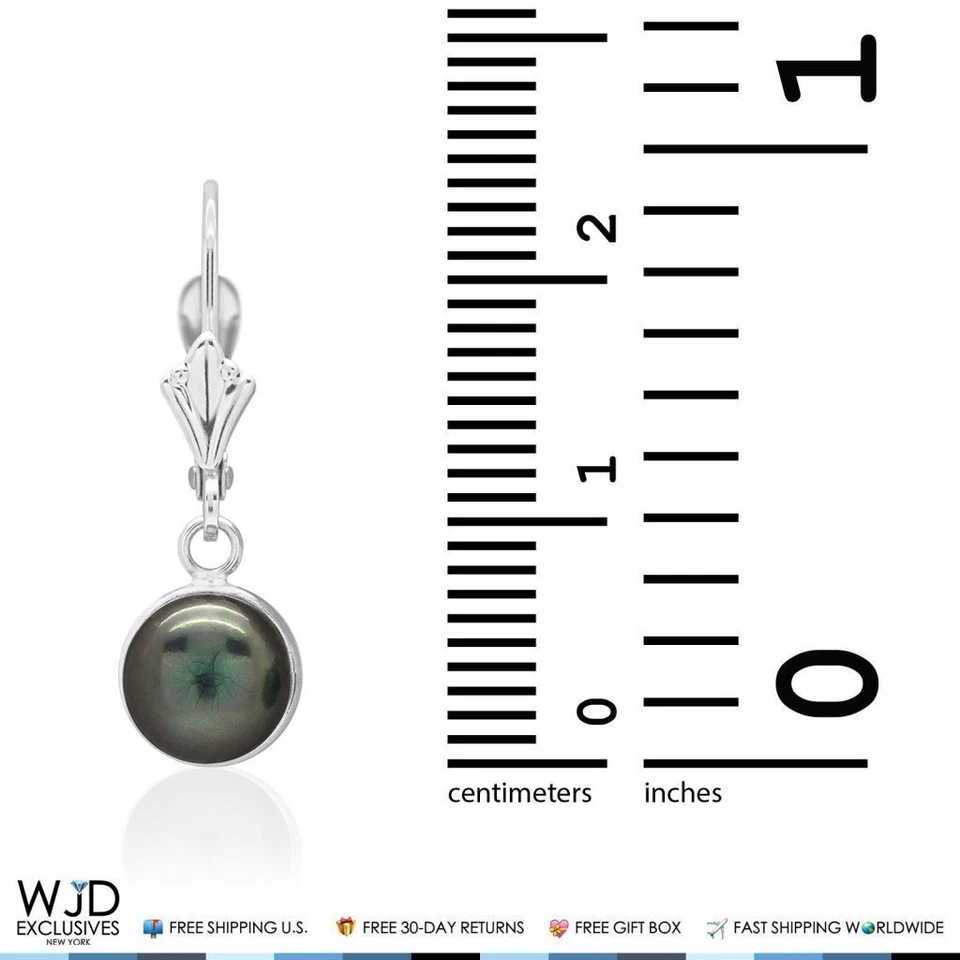 14K White Gold Bezel Set Black Pearl Dangle Leverback Earrings 7mm - Image 3 of 4