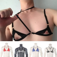 Men Sexy Lace Lingerie Bras Gay Sissy Nightwear Adjustable Straps Sheer Bra Tops