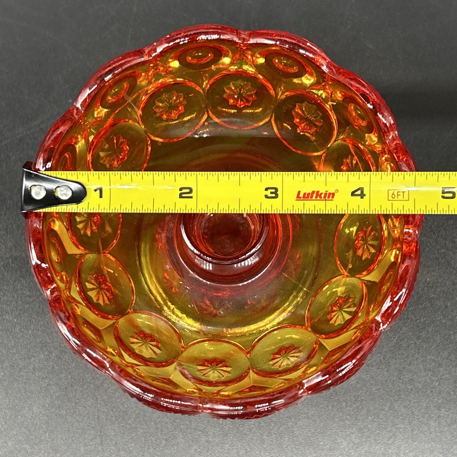 L.E. Smith Moon & Stars Ruby Red & Orange Amberina Candleholder Compote Bowl