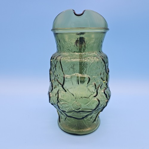 Vintage Anchor Hocking Green Flowering Daisy Pitcher And 4 Glasses - Picture 4 of 10