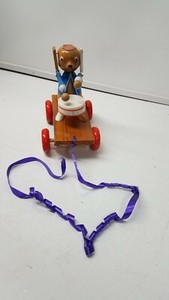 Vintage Rare CZECH pull toy wooden dog? plays drums CZECHOSLOVAKIA pulltoy 70's?