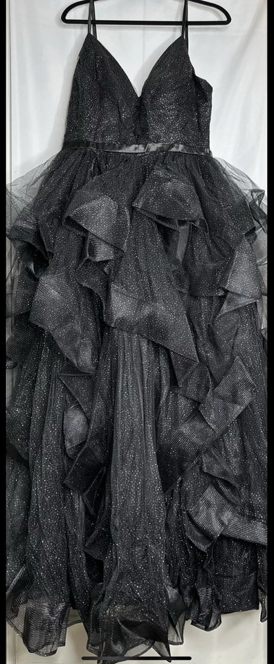 VESTIDO DE TUL NEGRO BRILLO TIRANTES ESPAGUETI BAILE NOCHE DAMAS DE HONOR/PROMOCIÓN TALLA 14 Foto 2 de 4