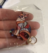 Beautiful Abstract Colorful Cat Tabby Keychain Purse Charm - Free Shipping