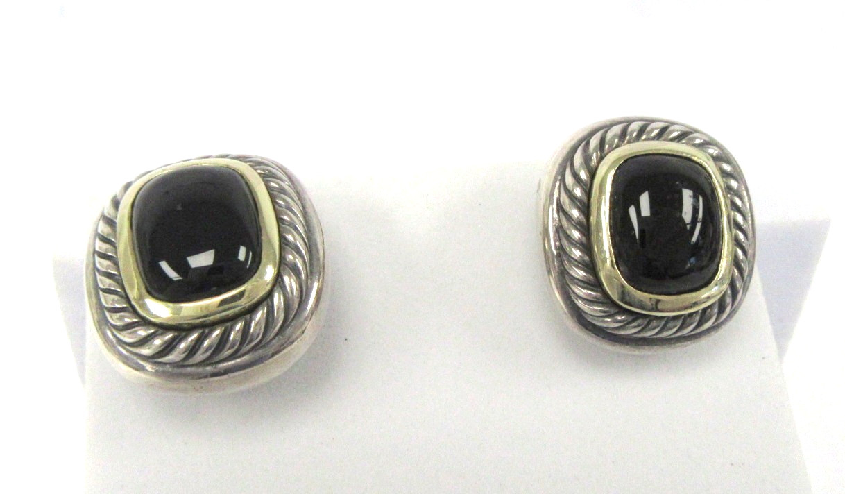 David Yurman Large Albion Black Onyx Sterling Silver & 14K Gold Earrings - 3/4"