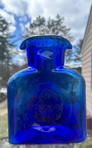 Blenko Art Glass Cobalt Blue Double Spout Water Carafe Vase Pitcher 8" Signed (?
