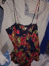 Vintage Victorias Secret Babydoll Nightie L Gold Label Red Floral Black Lace