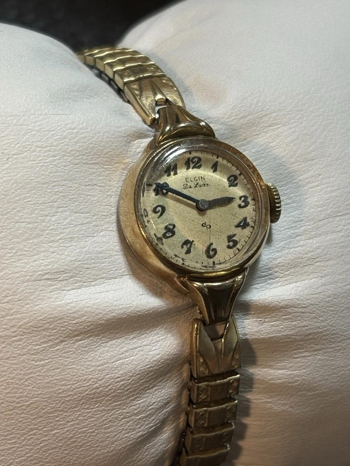 Reloj mecánico de cuerda vintage Elgin De Luxe para mujer 10K RGP para dama funciona Foto 4 de 4