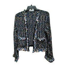 Zara Tweed Boucle Blazer Jacket Open Front Textured Preppy Frayed Size Medium