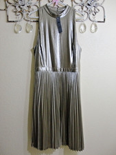 NWT $179 ANN TAYLOR PETITE SILVER LAME MOCK NECK ACCORDION PLEATED DRESS 14P