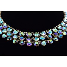 Vintage Crystal Choker Collar Necklace AB Blue Aurora Borealis Bezel Prong BinBM