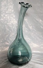 Vintage MCM 15  Hand Blown Art Glass Vase Smoky Blue Crenellated Rim Heavy