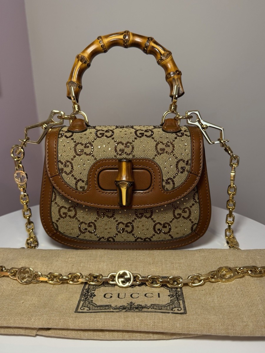 Gucci Bamboo Crystals 1947 Top Handle GG Monogram Bag Detachable