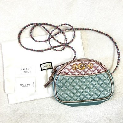 GUCCI Zumi Quilted Flora Shoulder Bag Pink Green Leather Lame Women s Crossbody