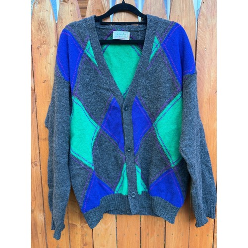Benetton, Vintage Benetton Shetland Wool Argyle Cardigan Sweater Made in Italy Grey Blue