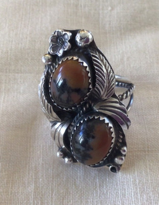 STERLING SILVER/PETRIFIED WOOD NAVAJO SZ 8 RING - SIGNED J MORRIS