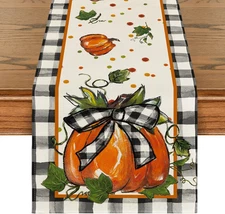 Artoid Mode Pumpkin Bow Buffalo Plaid Fall Table Runner,Seasonal Autumn Kitchen 