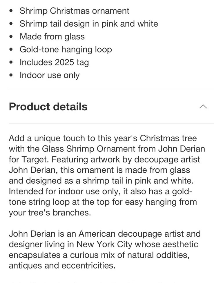 John Derian Artist For Target 2025 Holiday Glitter Large Shrimp Ornament NIB