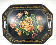 Vintage Tole Tray Hand Painted Floral on Black Toleware Serving 18” x 14” Steel