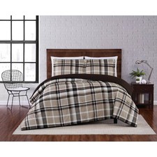 Full/Queen 3pc Paulette Plaid Comforter Set Taupe - Truly Soft:
