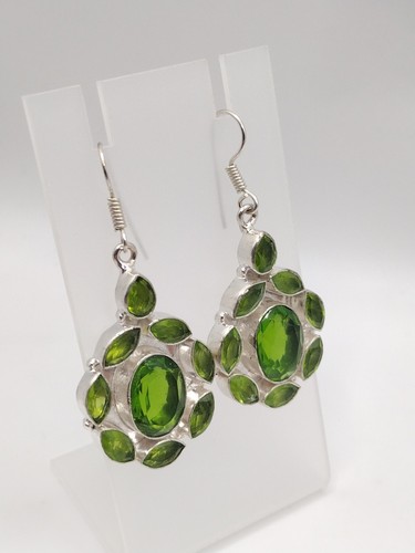 Beautiful Vintage Sterling Silver Peridot Simulant Drop Earrings 2" - Picture 3 of 7