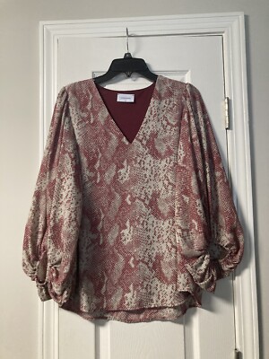 Women s Adrienne Red Snake Pattern Long Sleeve V-Neck Blouse Size M