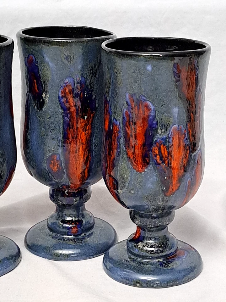 4 copas de vino de cerámica vintage lanzadas a mano rojo azul esmaltado por goteo abstracto 11 oz Foto 2 de 4