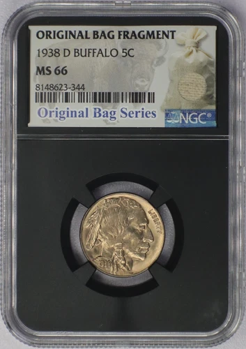 1938-D 5c Buffalo Nickel - NGC MS 66 Original Bag Fragment Label Series