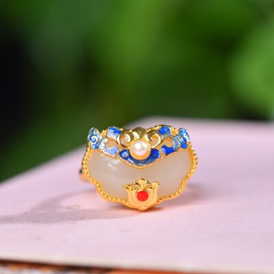 Ancient Method Silver S925 Inlay Hetian White Jade Pearl Enamel