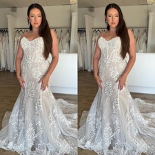 Elegant Lace Mermaid Wedding Dresses Strapless Sparkly Applique Bridal Gowns
