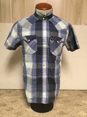 Levi s Button Down Dress Shirt Plaid Blue White Stripe Medium Cotton Blend J139