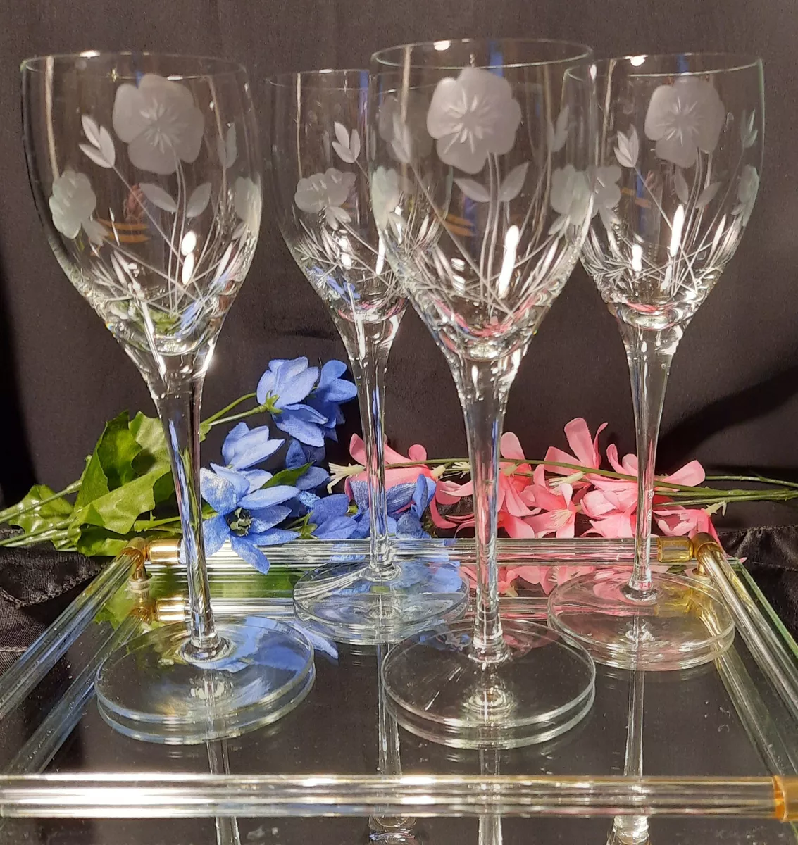 4 Elegant Hand-Blown Floral Etched Tulip Wine Glasses Crystal Clear  Industries