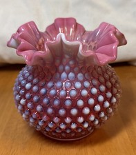 Vintage FENTON Cranberry OPALESCENT Hobnail RUFFLED 5" Art Glass Vase