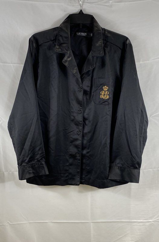 Lauren Ralph Lauren Women's Sleep Shirt Black Satin Embroidered Crest L