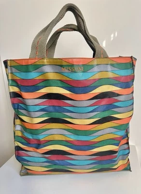 MISSONI Vintage Beach Bag Rayé Années 80 Waxed Multicolore Weaves 80s Big Pouch - Photo 1/4