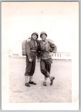 Vtg B W Snapshot Two Smiling Us Soldiers In Uniform Gear At Army Camp 1940s