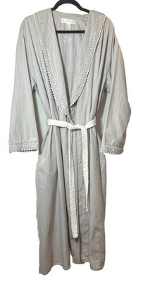 Eileen West Women s Full Length Robe Chambray Gray Lace Trim Belted L Cottage