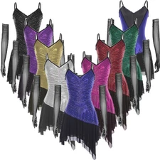 Womens Ballroom Dance Dress Long Gloves Glittery Rhinestones Performance Costume