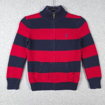 Polo Ralph Lauren Sweater Boys Small Knit Full Zip Striped Red Blue Preppy Kids