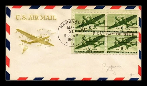 DR JIM STAMPS US COVER AIR MAIL 8C FDC SCOTT C26 BLOCK OF 4 GRIMSLAND CACHET