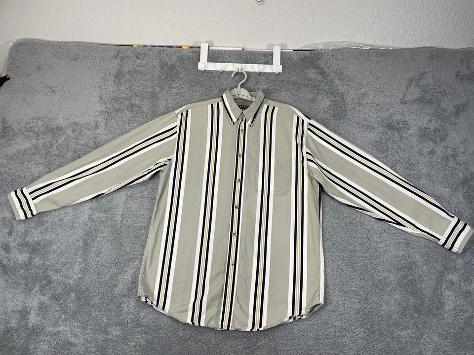 Trader Bay Shirt Mens Medium Gray White Blue Striped Button Up Pocket Casual 90s - Image 2 of 4